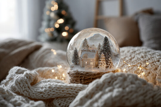 snow globe placed on soft knitted blanket, illuminated by warm golden fairy lights. Inside globe: miniature snowy village scene, frosted houses, tiny trees