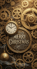 Nostalgic steampunk christmas greeting with vintage clock and mechanical gears creating festive holiday background