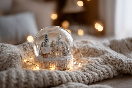 snow globe placed on soft knitted blanket, illuminated by warm golden fairy lights. Inside globe: miniature snowy village scene, frosted houses, tiny trees