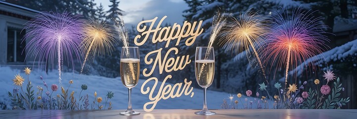 Illustration of happy new year celebration with champagne and sparklers in winter