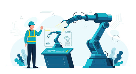 Automation industry worker with robotic arms showcasing futuristic manufacturing process innovation