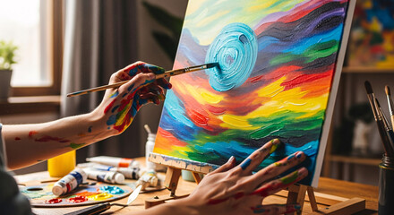 Artist s hands covered in paint creating a vibrant abstract masterpiece on a canvas easel