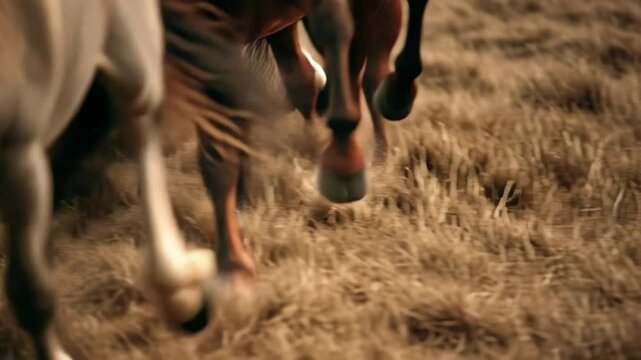 Close-up tracking shot of horses running together in a meadow