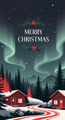 Magical christmas winter night landscape with beautiful aurora over snowy forest. serene and peaceful holiday scene