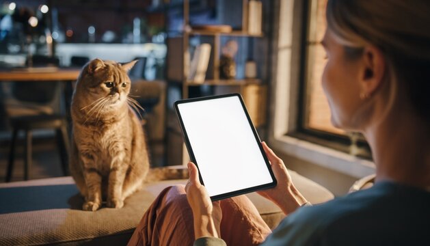 Cat Facing a Woman Holding a Blank Tablet Screen