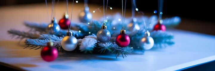 Illustration of christmas decoration with red and silver baubles on white table
