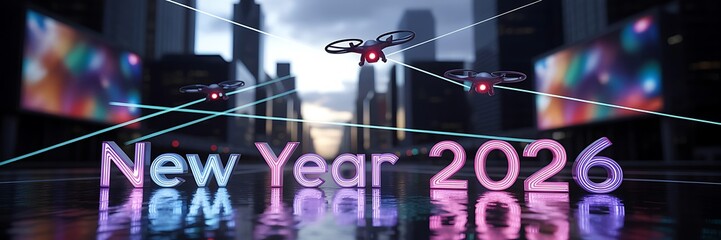 Illustration of happy new year 2026 with drone and city background at night