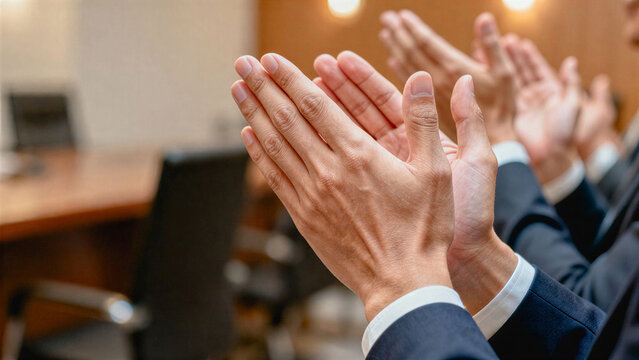 Businessman shows gratitude with clapping gesture of appreciation during successful business meeting
