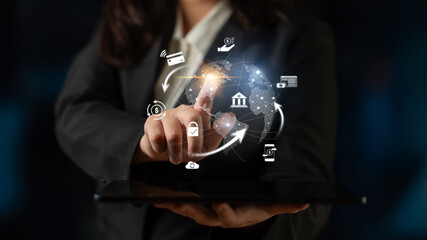 Worldwide digital payment network showing secure financial transactions. Digital payment supports transfer, digital payment ensures security, boosts convenience, drives global finance. Latch