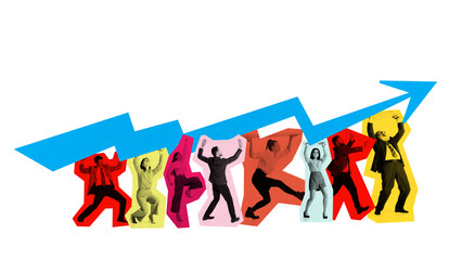 Business metaphor collage of business team lifting rising growth arrow. Concept of progress, company expansion, corporate goals, collective effort, and strategic success.