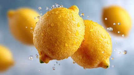 Fresh lemons with droplets of water against a blurred background, perfect for culinary, health, or beverage-related content, conveying freshness and zest,