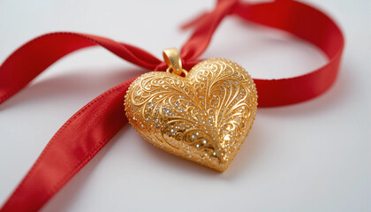 Golden heart-shaped pendant with red ribbon on white background
