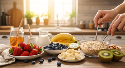 Healthy breakfast preparation with fresh fruits and oatmeal in a sunlit kitchen