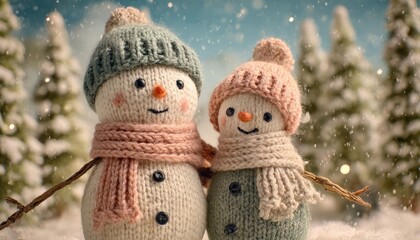 Two charming knitted snowman figures embrace in a softly falling winter snow scene