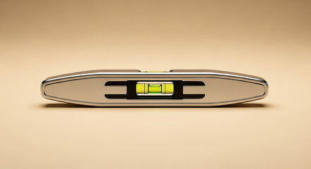 A close up of a spirit level with a silver metal casing on a beige background in studio lighting