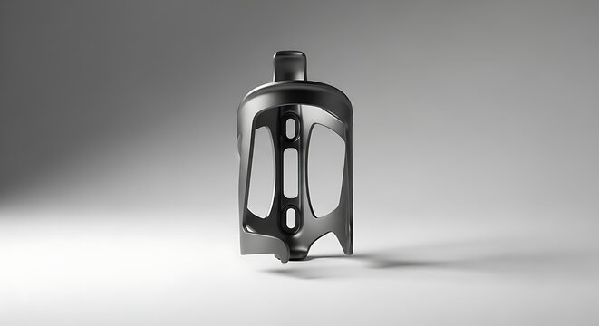 A grayscale studio shot of a bicycle water bottle cage with an open design on a gradient background