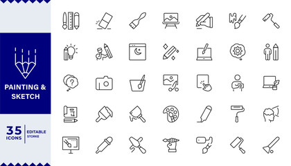 Pixel Perfect, Painting and drawing line icon set. Artist, paints and brush, art tools, palette, pencil and picture. Outline vector icon in linear style.
