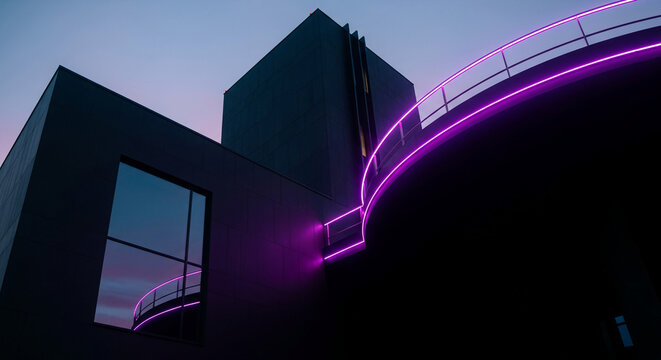 Exterior of modern building with sleek, dark facade illuminated by vibrant purple neon lights, reflecting architectural design, innovation, and sophistication - Powered by Adobe