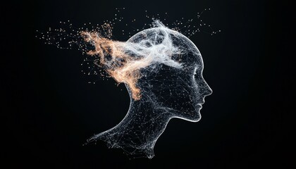 A profile view of a human head constructed from glowing lines and dots, with a cloud of luminous particles and energy streams emerging from its cranial area.