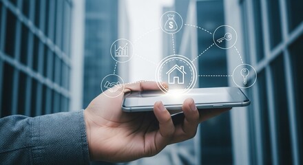 Hand holding smartphone with smart home automation interface app