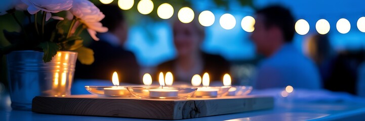 Illustration of candles and flowers illuminate a romantic outdoor dinner party