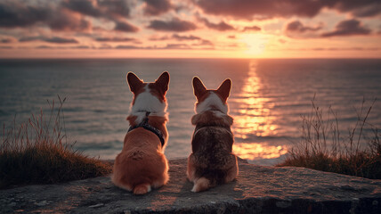 岩場の上で二匹のコーギーが、沈む夕日を静かに見送る情景