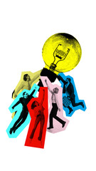 Conceptual corporate poster of business people reaching upward toward bright idea bulb. Concept of ambition, motivation, career aspirations, innovation, and team drive.