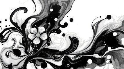 Abstract Black and White Ink Swirls with Floral Accent.