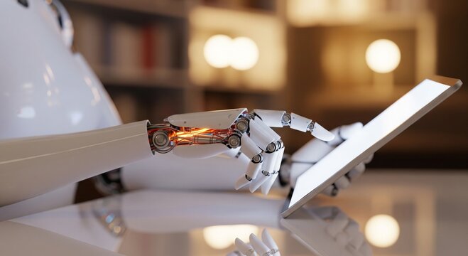 Close up of a robot hand using a tablet with a white screen