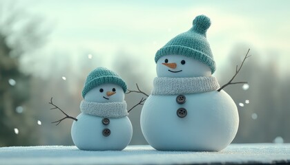 Obraz premium Two charming snow figures stand side by side in a gentle winter scene