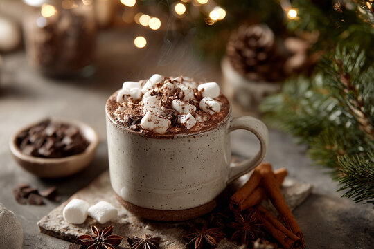 Hot chocolate in ceramic mug topped with whipped cream and marshmallows, gentle steam rising, surrounded by chocolate pieces and festive spices
