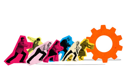 Colorful composition of coworkers pushing giant gear into motion. Concept of workflow, productivity, teamwork, operational effort, and organizational alignment.