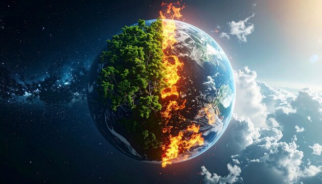 Conceptual representation of environmental destruction, climate change, and global warming impacts