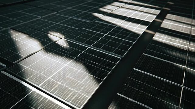 Hybrid solar wind energy concept showcasing renewable power technology with solar panel surface reflecting light and shadow creating dynamic pattern