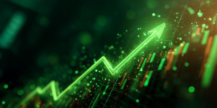 Abstract glowing green arrow trending upward with digital candlestick charts, concept for investment growth, financial analysis and market forecast