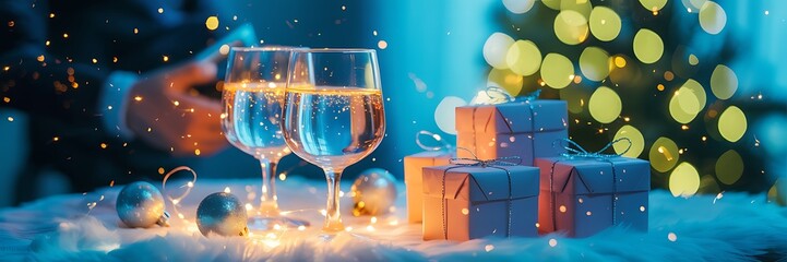 Illustration of champagne glasses and christmas gifts with christmas tree background