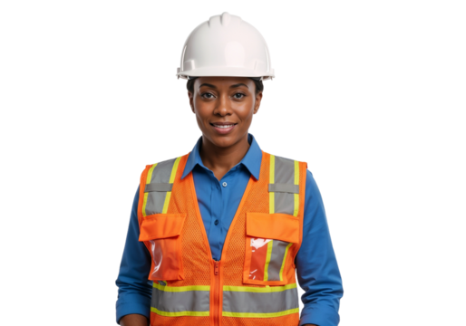 Construction worker in safety gear smiling while posing for a photo indoors during the day