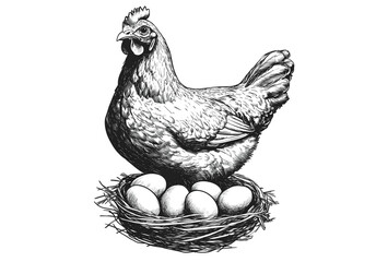 Chicken nest with eggs, sketch. Vintage retro print, hand-drawn illustration chicken on nest, eggs, engraving, detailed ink drawing, chicken portrait, eggs nest. Side view profile. Illustration