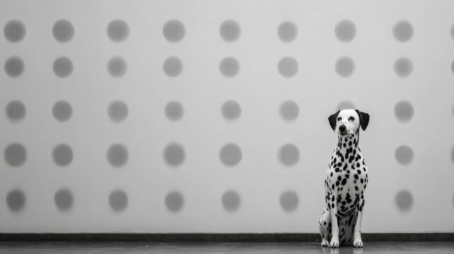 Dalmatian dog sitting in front of a matching polka dot pattern wall
