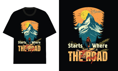 Mixed camping and hiking vector T-shirt artwork combining tent, campfire, trees, and adventure typography for outdoor fans.