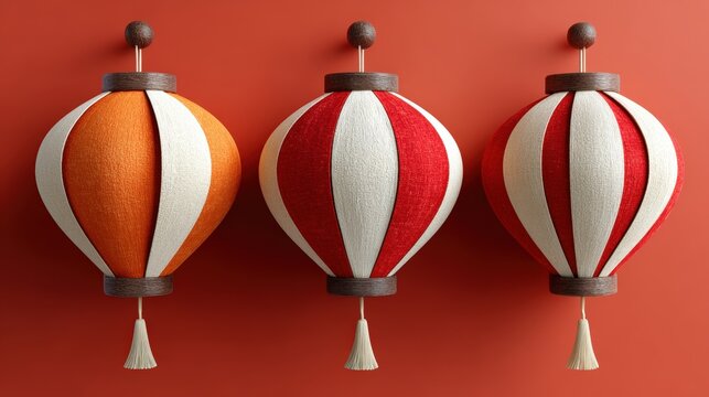 Colorful decorative lanterns hanging on a wall, providing a vibrant touch to any interior space, Ideal for use in home decor, event invitations, or cultural theme designs,