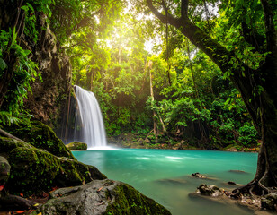 Obraz premium Majestic turquoise waterfall cascading into crystal clear pool surrounded by lush tropical rainforest