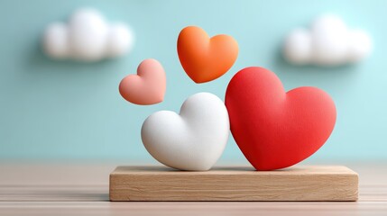 A collection of colorful heart shapes resting on a wooden base, with soft clouds in the background, This image is perfect for themes of love, romance, or Valentine's Day promotions,