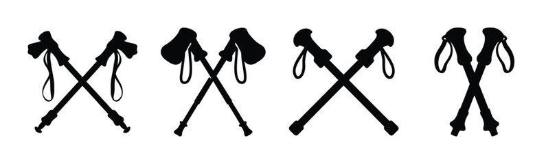 Silhouettes of crossed trekking poles for outdoor activity