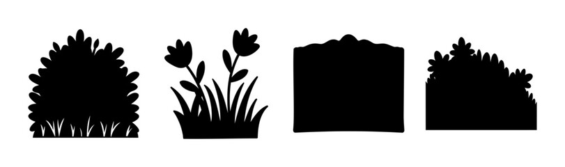 Stylized nature silhouettes: bushes, flowers and landscape