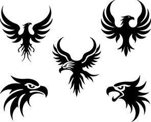 Obraz premium Tribal Eagle Silhouette Bundle – Fierce Bird Head & Winged Eagle Vector Set