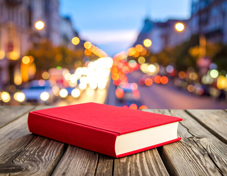 Red Hardcover Book on Wooden Surface with Blurred Urban Street Lights Background at Dusk