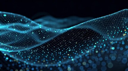 Dynamic data wave flowing in digital space with glowing nodes and connections for tech concepts