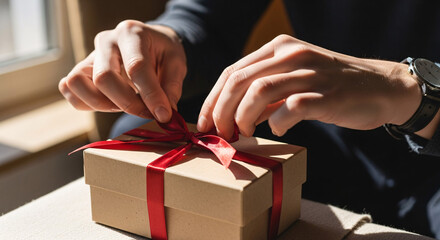 Close up of hands tying a red ribbon bow on a small gift box with natural light