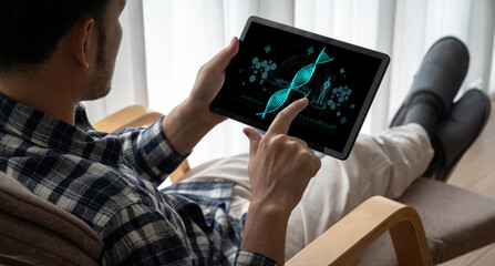 Medical science technology and futuristic healthcare virtual computer software analyze human health and diagnose disease for doctor data and medical research. brisk